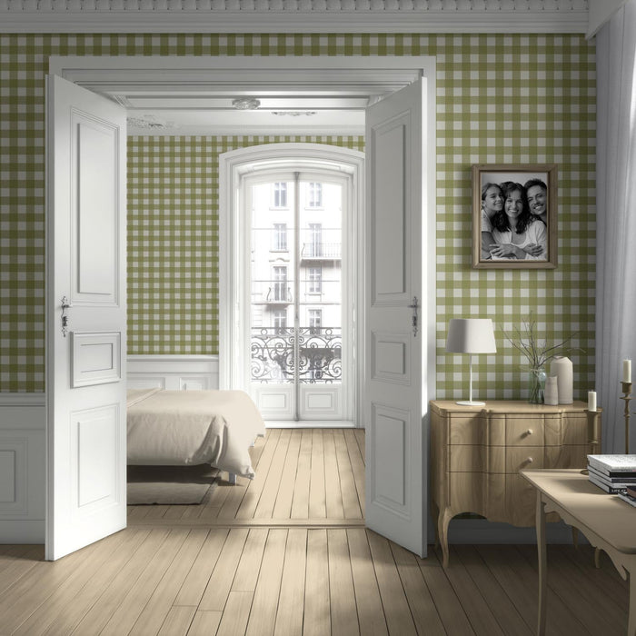 Geometric Gingham Checkered Kitchen Wallpaper (Olive Green)
