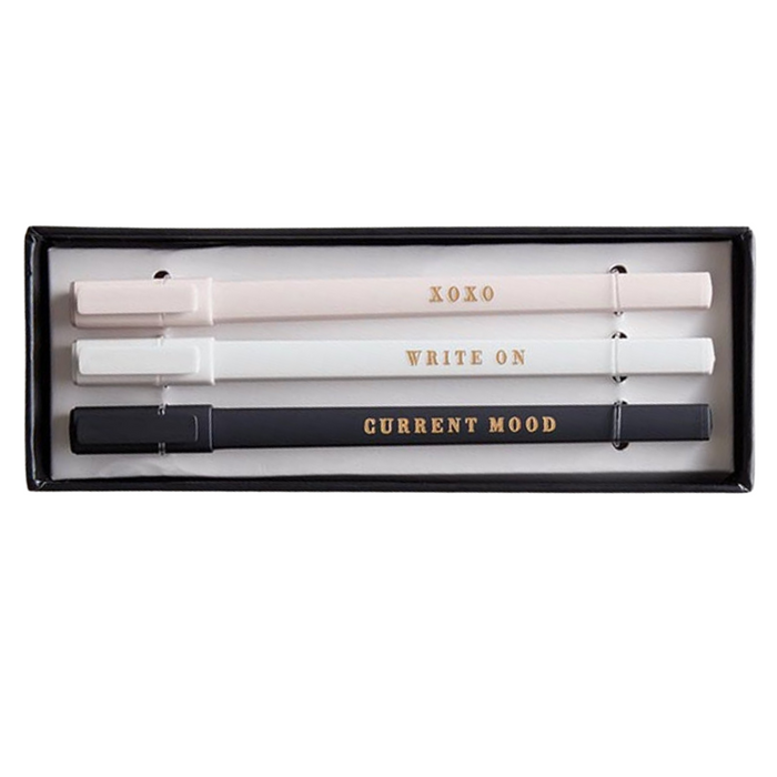 Mood Soft Touch Pen Set | Set of 3 Giftable Pens in Box | XOXO, Write On, Current Mood | Refillable