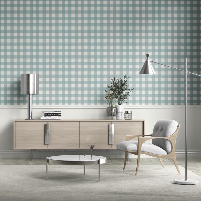 Geometric Gingham Checkered Bathroom Wallpaper (Seafoam Blue)