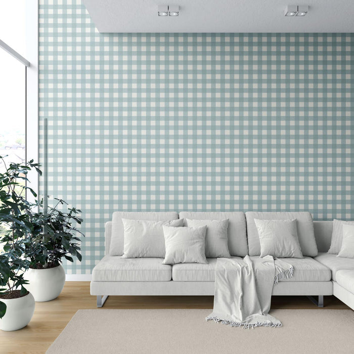 Geometric Gingham Checkered Shower Toilet Wallpaper (Seafoam Blue)