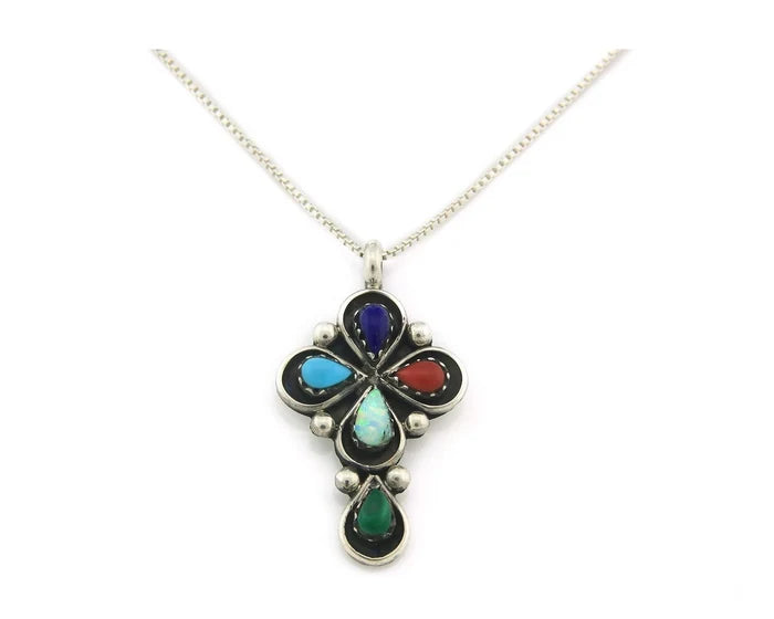 Navajo Cross Necklace Sterling Silver Natural Gemstones Artist Signed SL