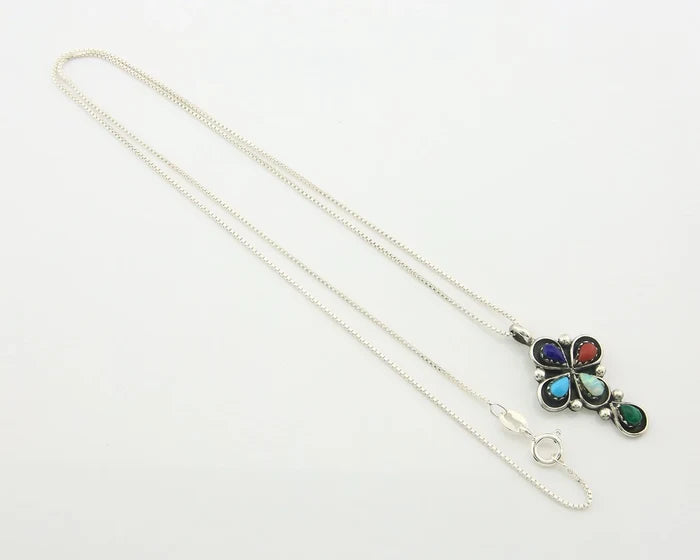 Navajo Cross Necklace Sterling Silver Natural Gemstones Artist Signed SL