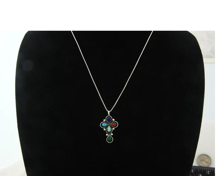 Navajo Cross Necklace Sterling Silver Natural Gemstones Artist Signed SL
