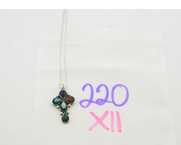 Navajo Cross Necklace Sterling Silver Natural Gemstones Artist Signed SL