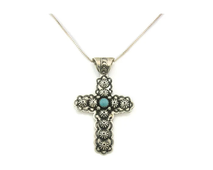 Navajo Cross Necklace Sterling Silver Natural Turquoise Artist Signed 1994