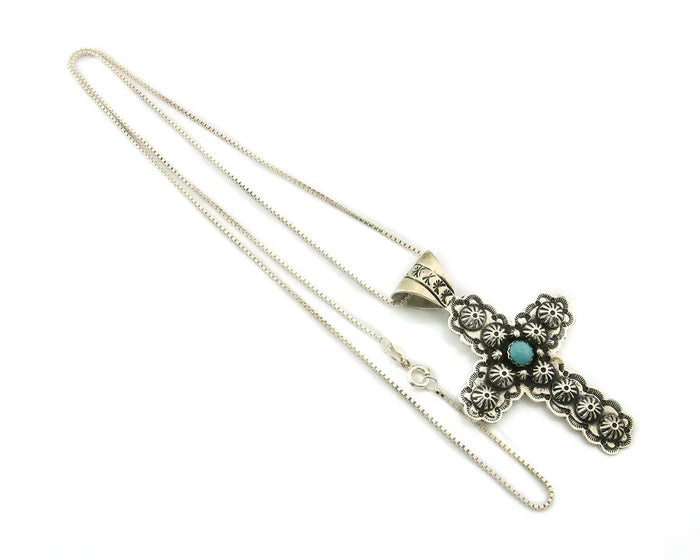 Navajo Cross Necklace Sterling Silver Natural Turquoise Artist Signed 1994