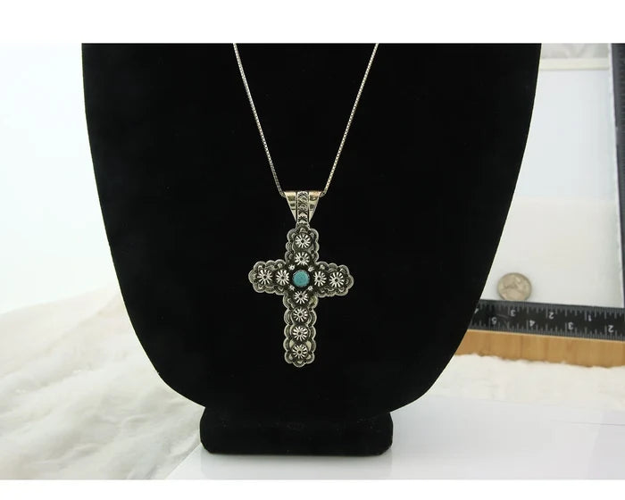 Navajo Cross Necklace Sterling Silver Natural Turquoise Artist Signed 1994