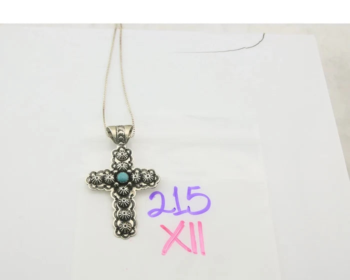 Navajo Cross Necklace Sterling Silver Natural Turquoise Artist Signed 1994