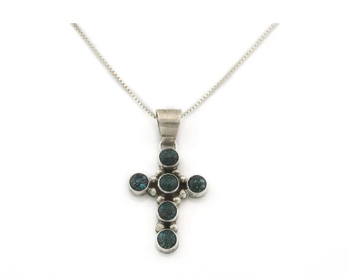Navajo Cross Necklace Sterling Silver Natural Turquoise Artist Signed C Wilson