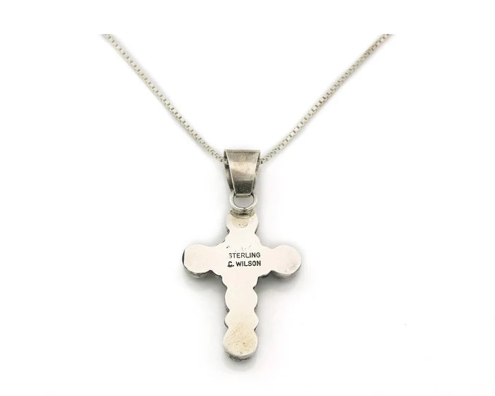 Navajo Cross Necklace Sterling Silver Natural Turquoise Artist Signed C Wilson