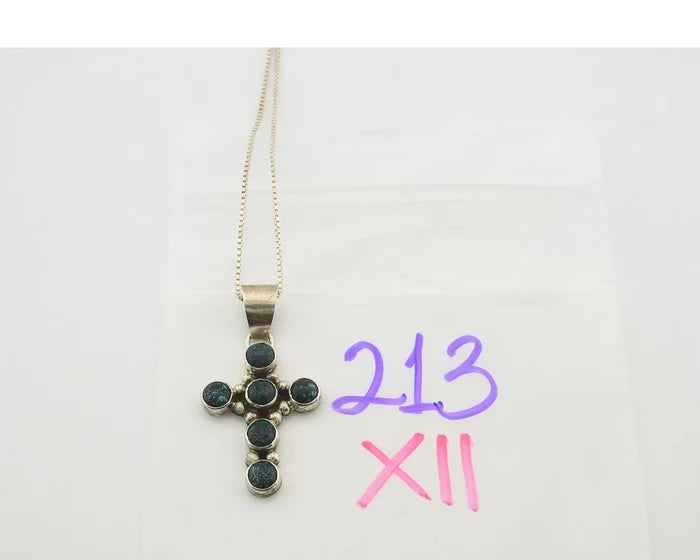 Navajo Cross Necklace Sterling Silver Natural Turquoise Artist Signed C Wilson