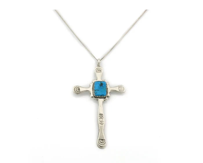 Navajo Cross Necklace Sterling Silver Turquoise Artist Signed LL Sand Cast