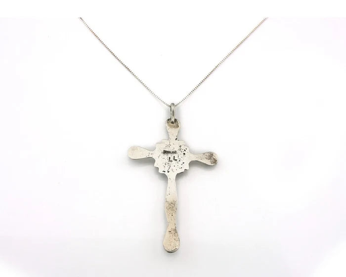 Navajo Cross Necklace Sterling Silver Turquoise Artist Signed LL Sand Cast