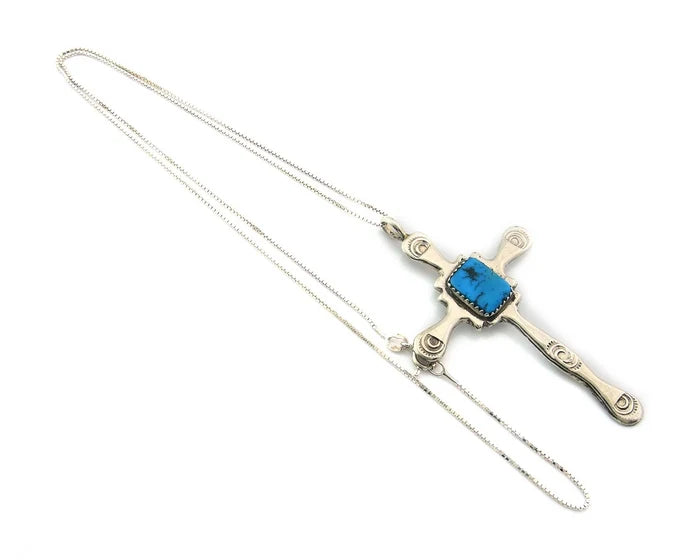 Navajo Cross Necklace Sterling Silver Turquoise Artist Signed LL Sand Cast