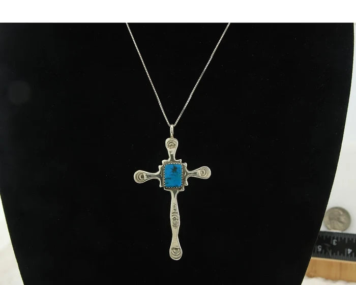 Navajo Cross Necklace Sterling Silver Turquoise Artist Signed LL Sand Cast