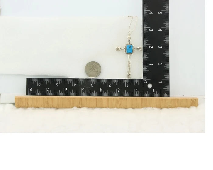 Navajo Cross Necklace Sterling Silver Turquoise Artist Signed LL Sand Cast