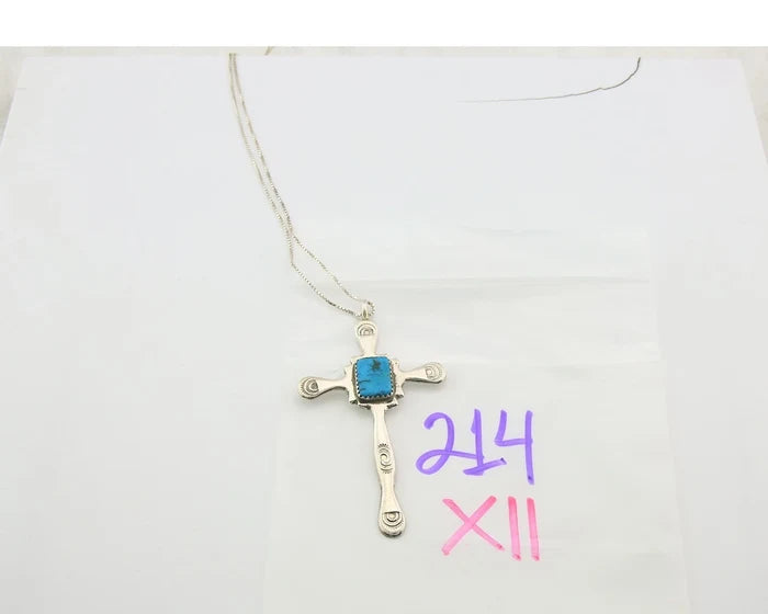 Navajo Cross Necklace Sterling Silver Turquoise Artist Signed LL Sand Cast