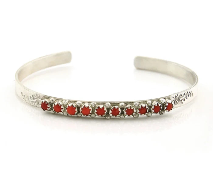 Navajo Cuff Bracelet Sterling Silver Authentic Snake Eye Coral Handmade Vintgage