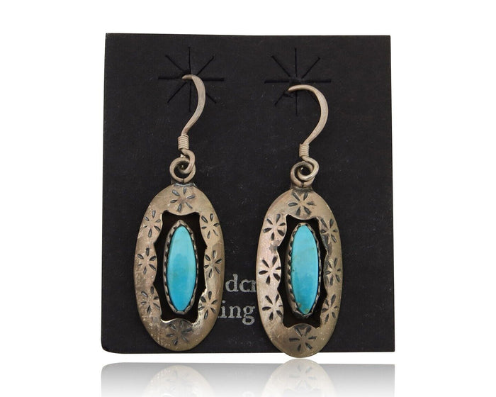 Navajo Dangle Earrings 925 Silver Natural Blue Turquoise Signed IJC C.80's