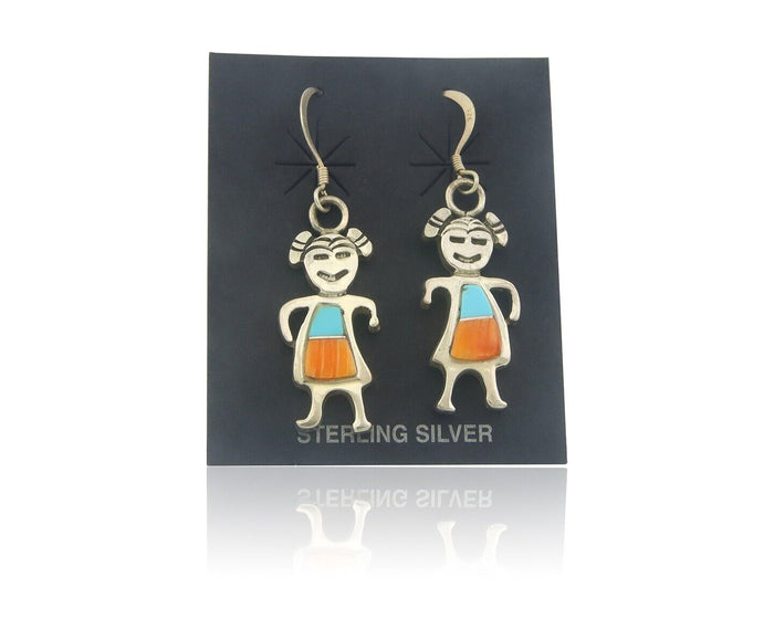 Navajo Earrings 925 Silver Natural Turquoise Oyster Native American Artist C80s