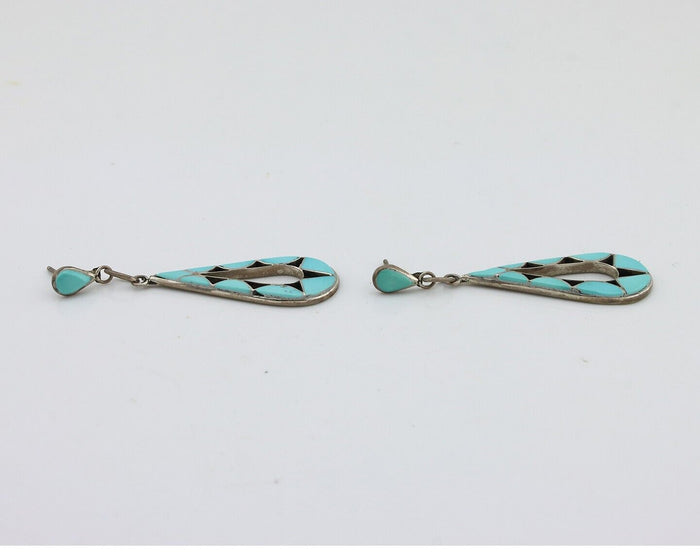 Navajo Handmade Earrings 925 Silver Blue Turquoise Native Artist C.80s