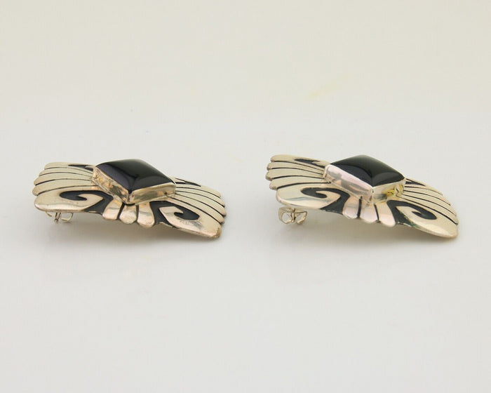 Navajo Handmade Earrings 925 Silver Onyx Artist Signed Thomas Singer C.70's