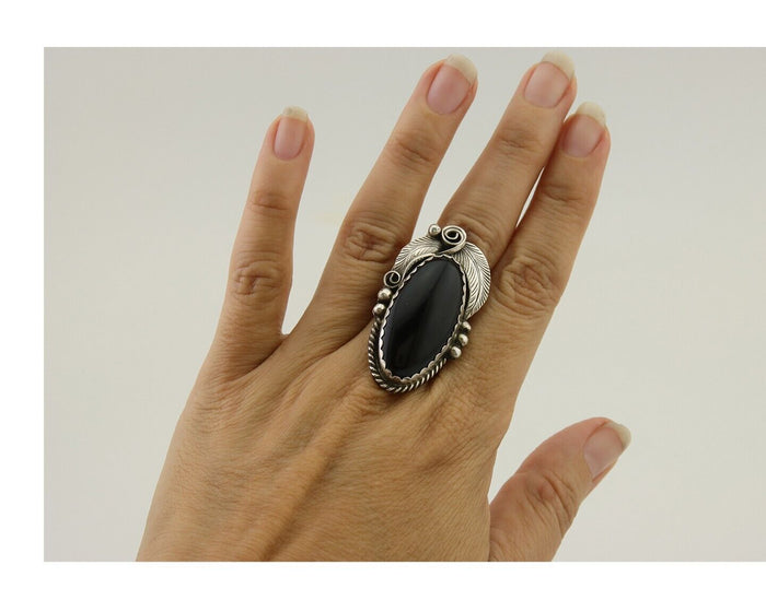 Navajo Handmade Ring 925 Silver Black Onyx Artist Signed Justin Morris C.80's