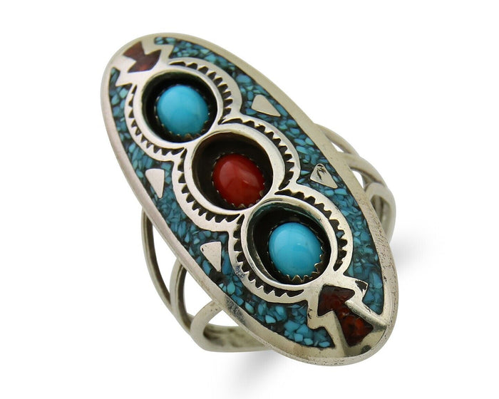 Navajo Handmade Ring 925 Silver Coral & Turquoise Signed Circle JW C.80's