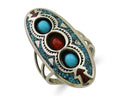Navajo Handmade Ring 925 Silver Coral & Turquoise Signed Circle JW C.80's