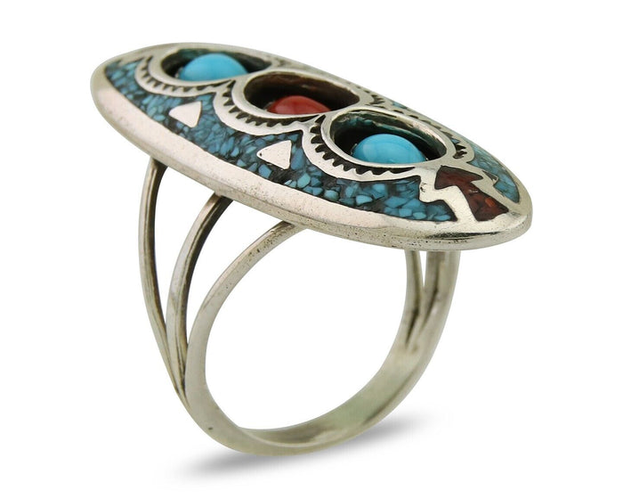 Navajo Handmade Ring 925 Silver Coral & Turquoise Signed Circle JW C.80's