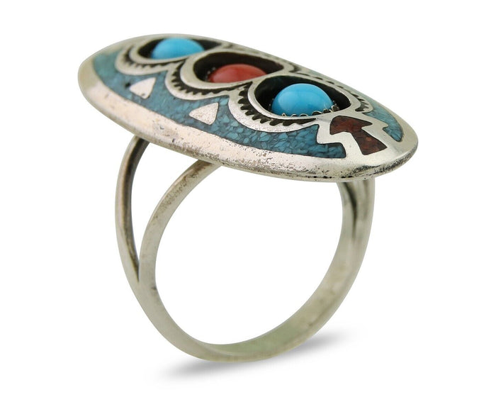 Navajo Handmade Ring 925 Silver Coral & Turquoise Signed Circle JW C.80's