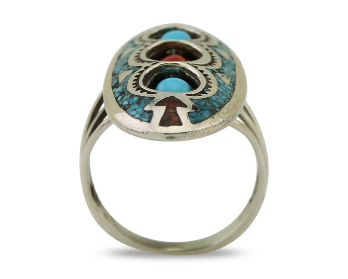 Navajo Handmade Ring 925 Silver Coral & Turquoise Signed Circle JW C.80's