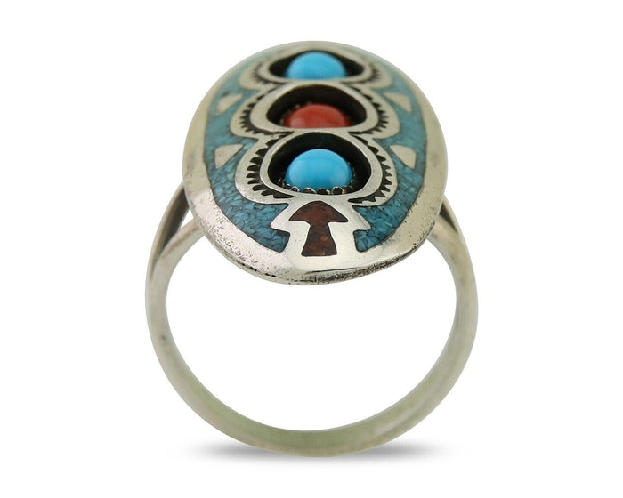 Navajo Handmade Ring 925 Silver Coral & Turquoise Signed Circle JW C.80's