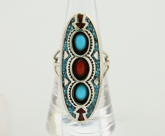 Navajo Handmade Ring 925 Silver Coral & Turquoise Signed Circle JW C.80's