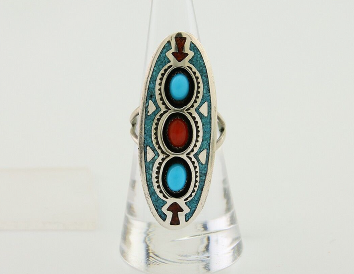 Navajo Handmade Ring 925 Silver Coral & Turquoise Signed Circle JW C.80's