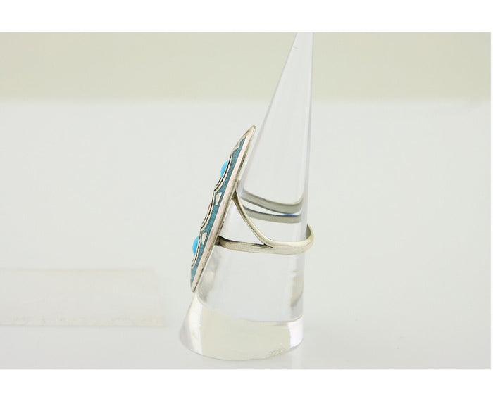 Navajo Handmade Ring 925 Silver Coral & Turquoise Signed Circle JW C.80's