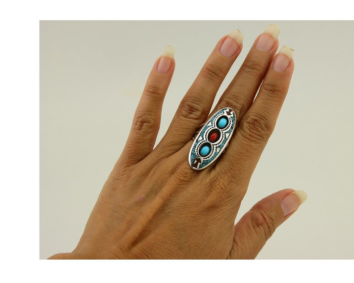 Navajo Handmade Ring 925 Silver Coral & Turquoise Signed Circle JW C.80's