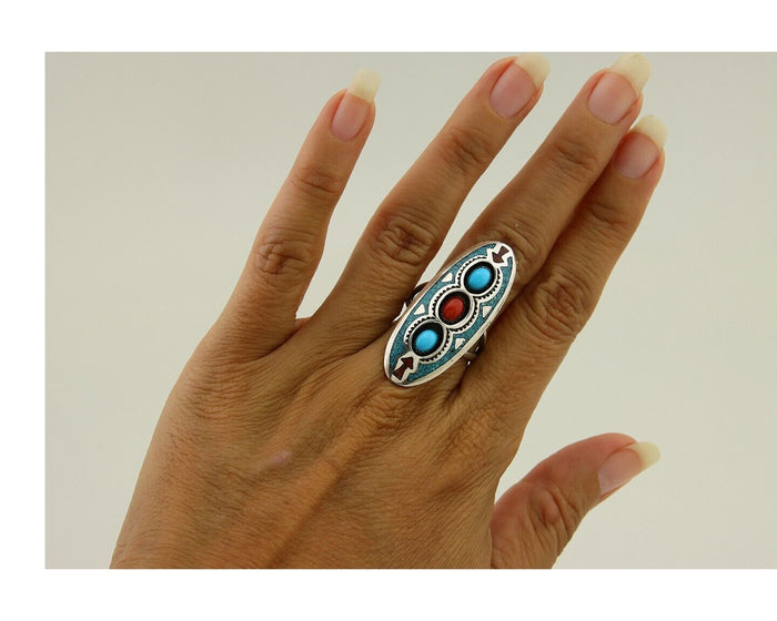 Navajo Handmade Ring 925 Silver Coral & Turquoise Signed Circle JW C.80's