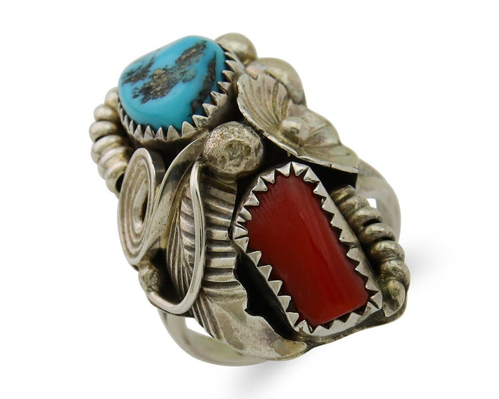 Navajo Handmade Ring 925 Silver Coral & Turquoise Signed Circle Max C.80's