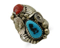 Navajo Handmade Ring 925 Silver Coral & Turquoise Signed Circle Max C.80's