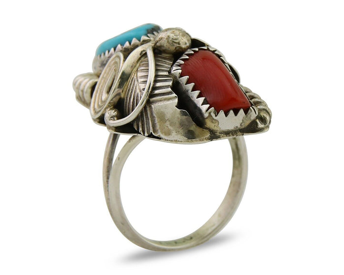 Navajo Handmade Ring 925 Silver Coral & Turquoise Signed Circle Max C.80's