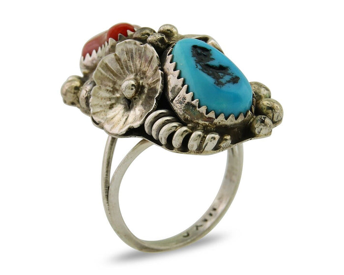 Navajo Handmade Ring 925 Silver Coral & Turquoise Signed Circle Max C.80's