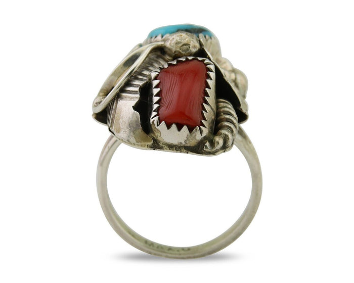 Navajo Handmade Ring 925 Silver Coral & Turquoise Signed Circle Max C.80's