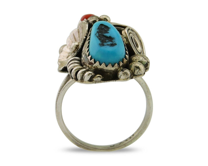 Navajo Handmade Ring 925 Silver Coral & Turquoise Signed Circle Max C.80's
