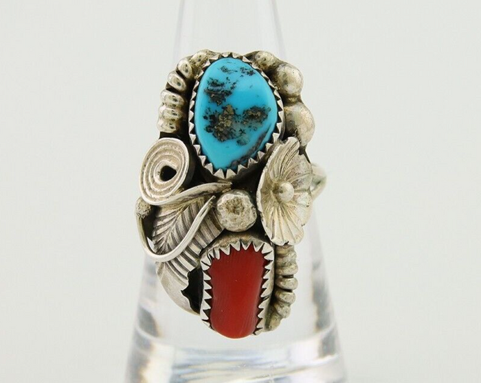 Navajo Handmade Ring 925 Silver Coral & Turquoise Signed Circle Max C.80's