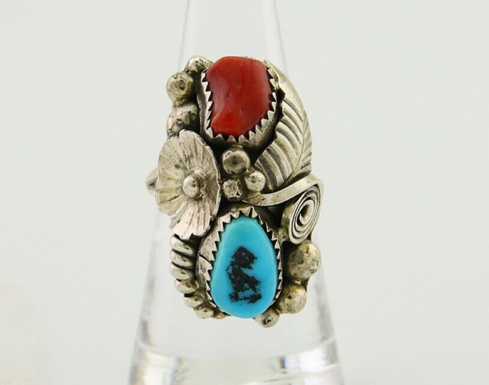Navajo Handmade Ring 925 Silver Coral & Turquoise Signed Circle Max C.80's