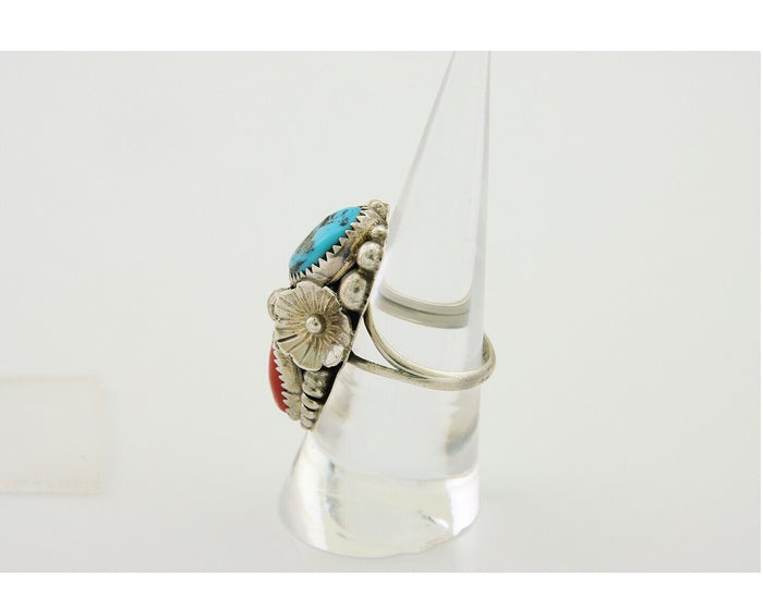 Navajo Handmade Ring 925 Silver Coral & Turquoise Signed Circle Max C.80's