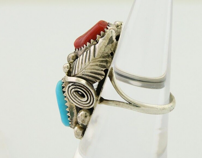 Navajo Handmade Ring 925 Silver Coral & Turquoise Signed Circle Max C.80's