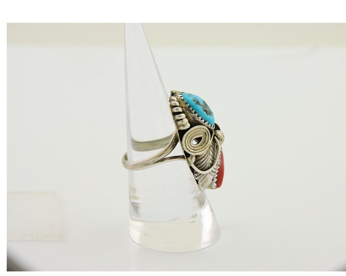 Navajo Handmade Ring 925 Silver Coral & Turquoise Signed Circle Max C.80's