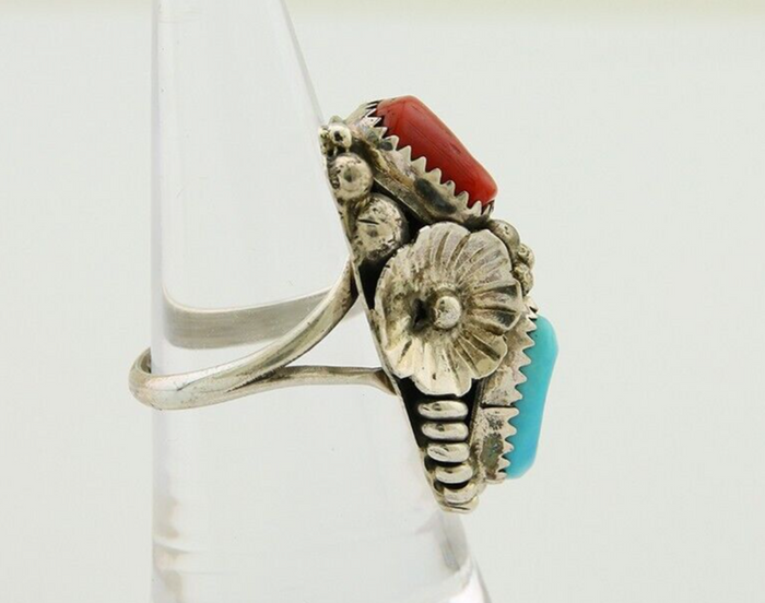 Navajo Handmade Ring 925 Silver Coral & Turquoise Signed Circle Max C.80's